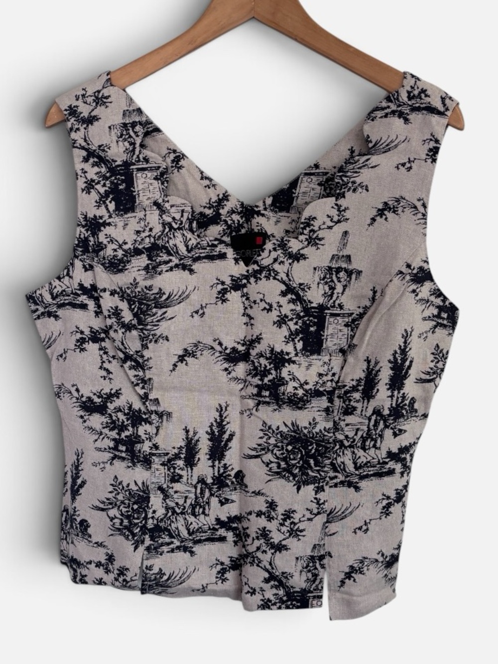 Scarlett Navy Toile de Jouy Linen Blend V-Neck Sleeveless Top Scalloped Collar